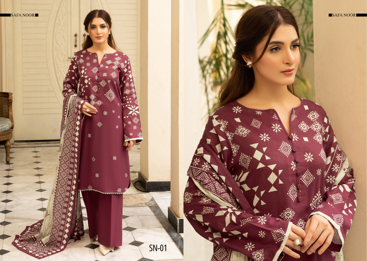 Safa Noor Unstitched Khaddar 3-Piece - SN002